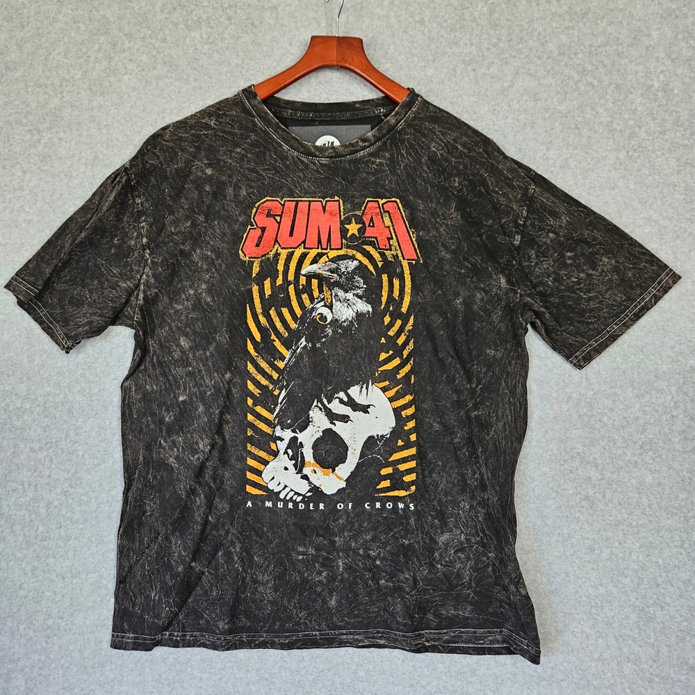 Sum 41 A Murder of Crows Graphic Tee Black Acid Wash Band Shirt Mens Medium